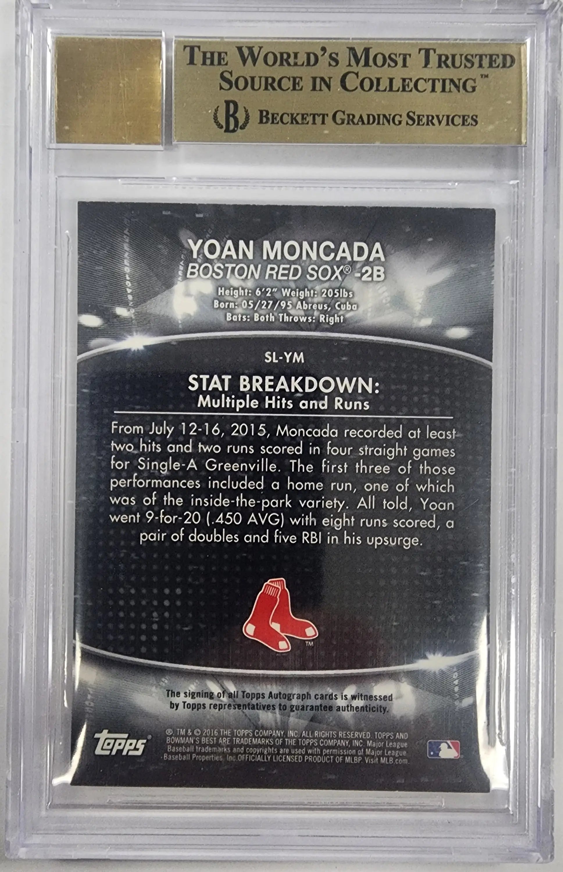 BGS-graded Yoan Moncada 2016 Bowmans Best Stat Lines Superfractor Auto card back