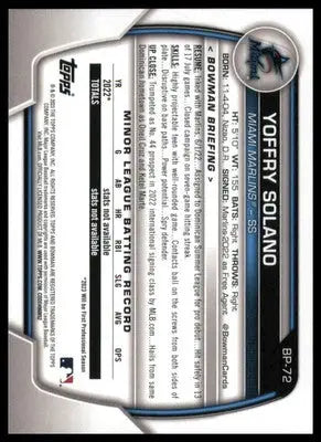 Yoffry Solano 2023 Bowman Prospects #BP-72 Miami Marlins - Baseball Card Single