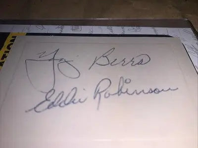 Yogi Berra Eddie Robinson Dual Signed 1.5x3 Cut Autograph Yankees HOF JSA - Sports Memorabilia