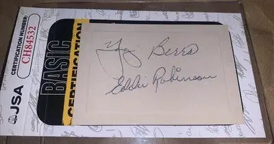 Yogi Berra Eddie Robinson Dual Signed 1.5x3 Cut Autograph Yankees HOF JSA - Sports Memorabilia