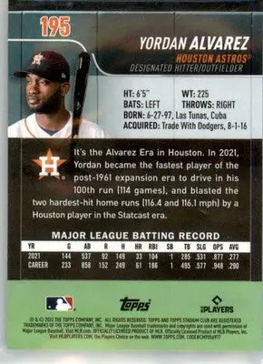Yordan Alvarez - 2022 Stadium Club Chrome - #195 - Baseball - Baseball Card Single