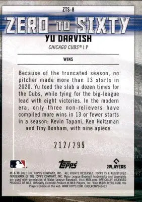 Yu Darvish 2021 Topps Zero to Sixty Black #/299 #ZTS-8 Chicago Cubs - Baseball Card Single