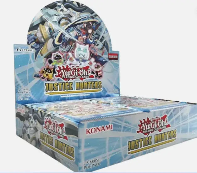 Display box of Yugioh Justice Hunters trading card game booster packs for collectors