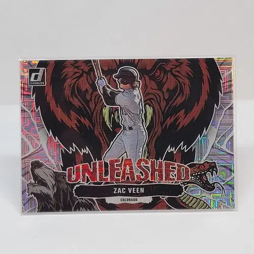 Zac Veen rookie baseball card from 2023 Donruss Unleashed Vector series featuring Rockies prospect