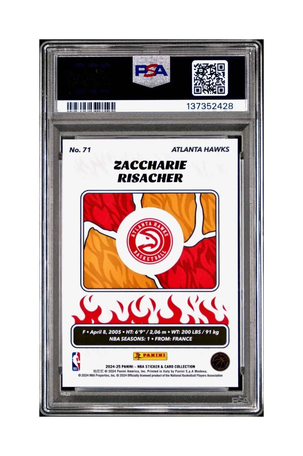 Zaccharie Risacher Rookie 2024-25 Panini NBA #71 Sticker 36/215 Blue Foil PSA 8