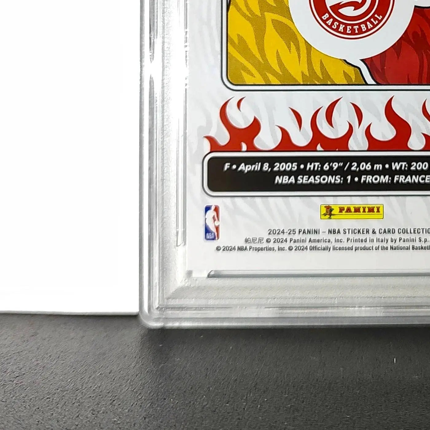 Zaccharie Risacher Rookie 2024-25 Panini NBA #71 Sticker 36/215 Blue Foil PSA 8