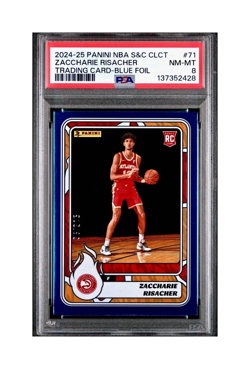 Zaccharie Risacher Rookie 2024-25 Panini NBA #71 Sticker 36/215 Blue Foil PSA 8