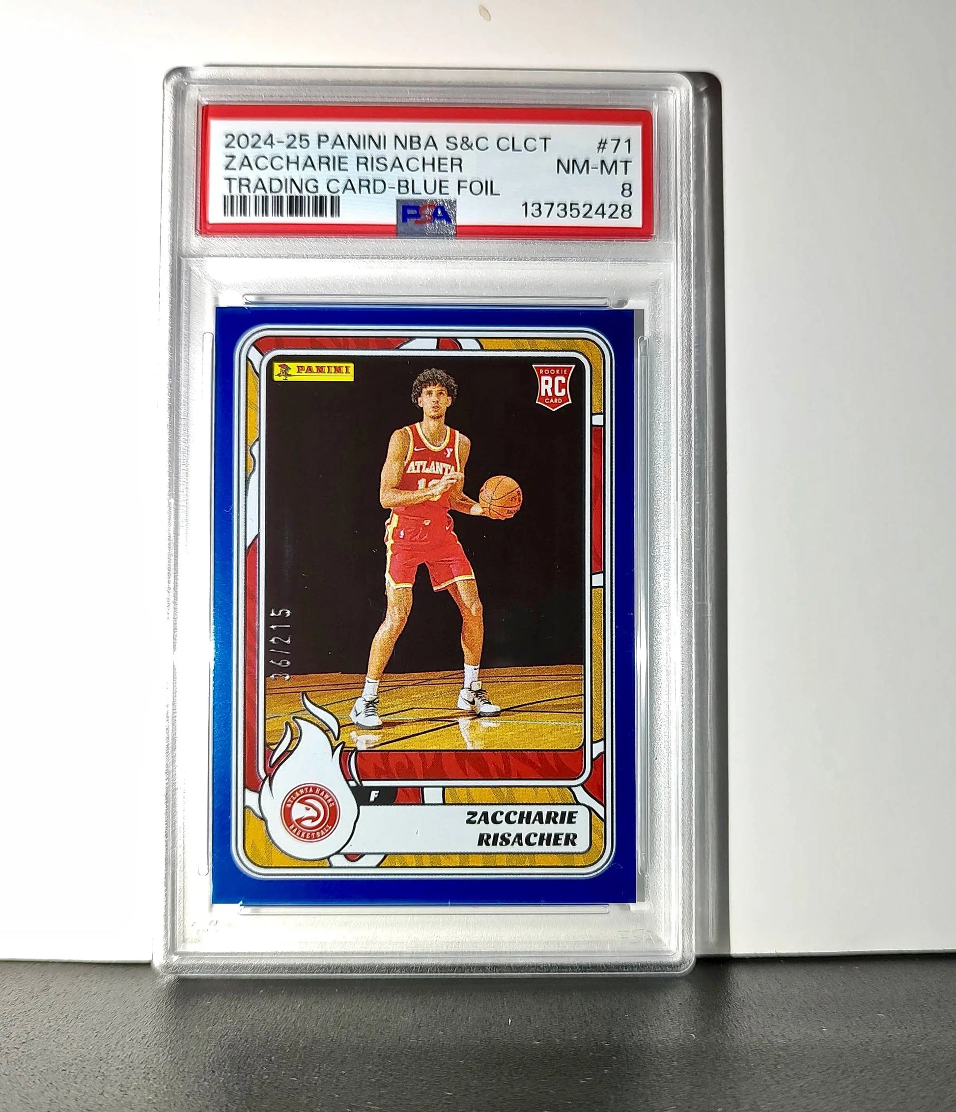 Zaccharie Risacher Rookie 2024-25 Panini NBA #71 Sticker 36/215 Blue Foil PSA 8