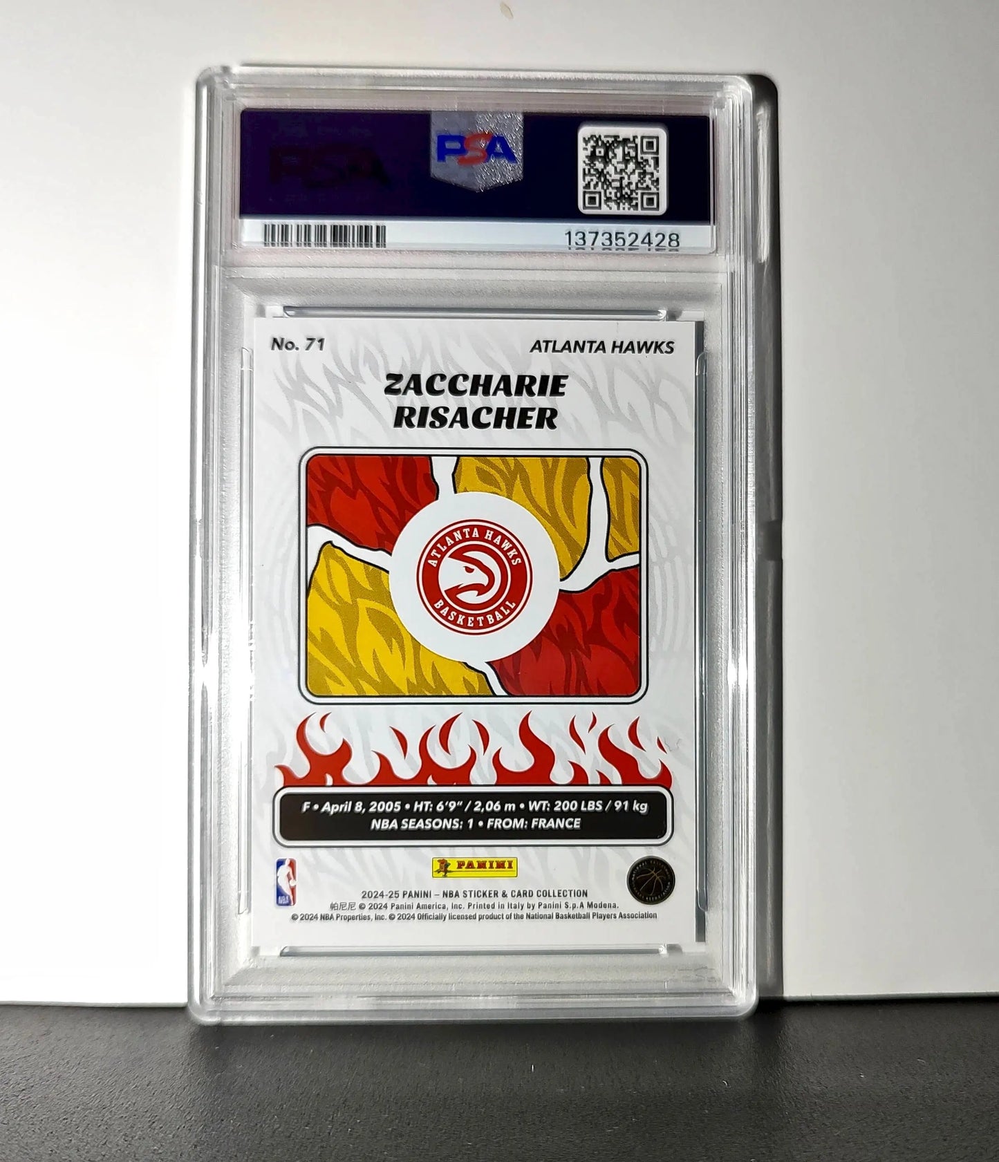 Zaccharie Risacher Rookie 2024-25 Panini NBA #71 Sticker 36/215 Blue Foil PSA 8