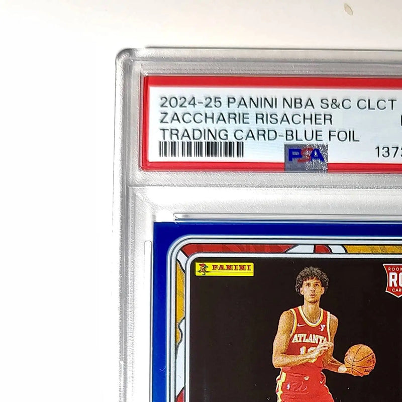 Zaccharie Risacher Rookie 2024-25 Panini NBA #71 Sticker 36/215 Blue Foil PSA 8