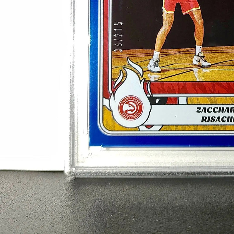Zaccharie Risacher Rookie 2024-25 Panini NBA #71 Sticker 36/215 Blue Foil PSA 8