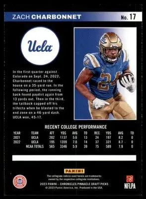 Zach Charbonnet 2023 Panini Chronicles Draft Picks Pinnacle #17 UCLA Bruins - Football Card Single