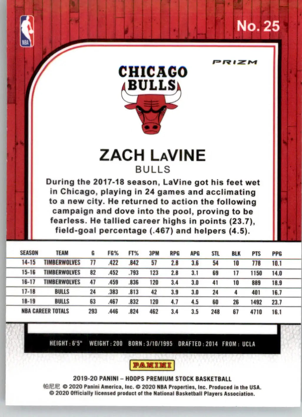 Zach LaVine - 2019-20 Hoops Premium Stock - #25 - Prizms Red Cracked Ice - Basketball Card Single