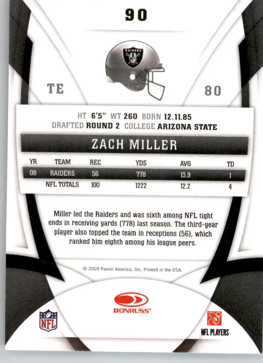 Zach Miller - 2009 Donruss Certified - #90 - Football - Football Card Single
