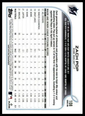Zach Pop Rookie 2022 Topps #108b Miami Marlins - Baseball Card Single