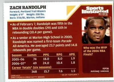 Zach Randolph - 2007 Sports Illustrated for Kids - NM - #137 - Basketball Card Single