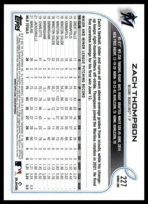 Zach Thompson Rookie 2022 Topps #227 Miami Marlins - Baseball Card Single