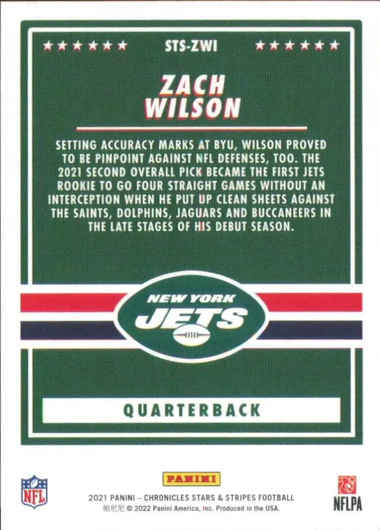 Zach Wilson Rookie 2021 Panini Chronicles Stars and Stripes #STS-ZWI NY Jets NFL - Football Card Single