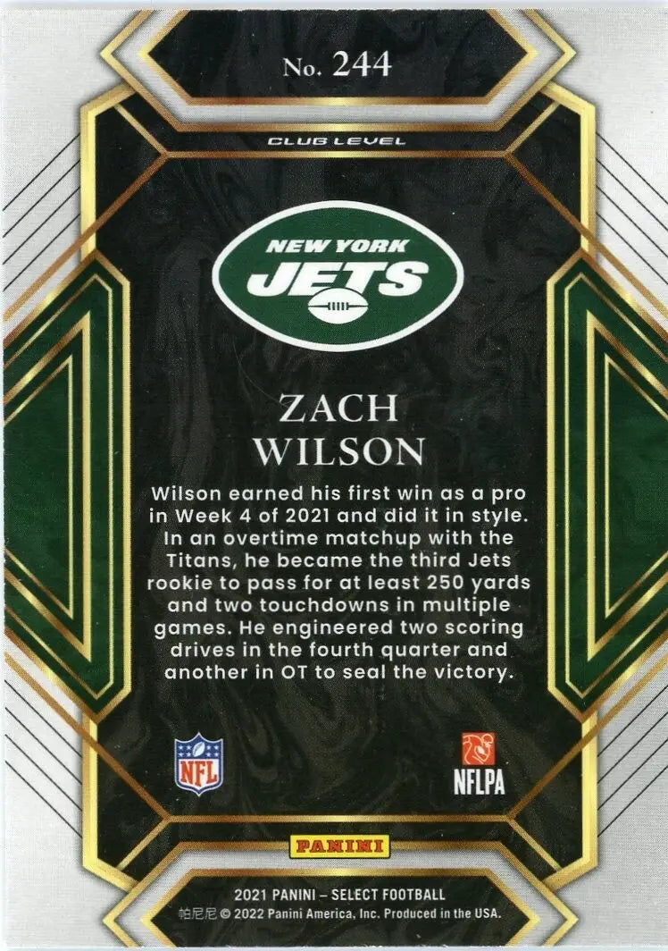 Zach Wilson Rookie 2021 Panini Select Club #244 New York Jets Football Card NFL - Football Card Single