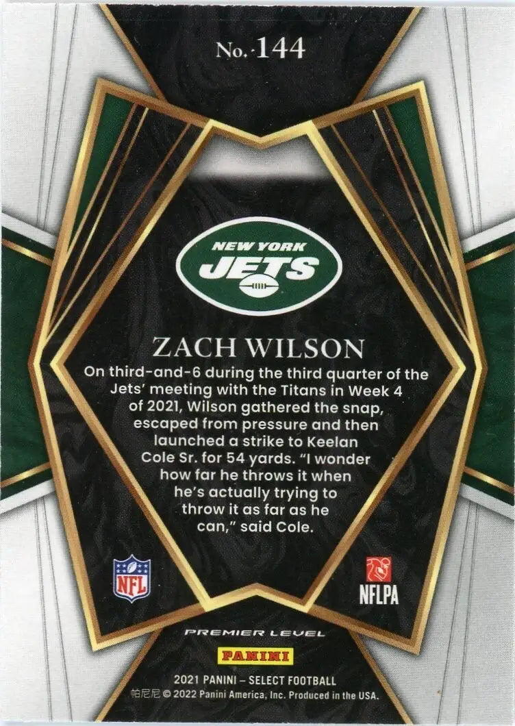 Zach Wilson Rookie 2021 Panini Select Premier #144 New York Jets Football Card - Football Card Single
