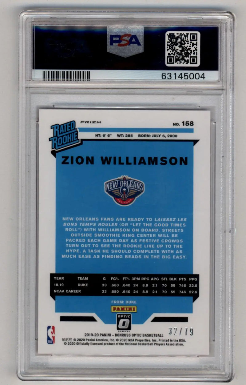 Zion Williamson 2019-20 Optic Pink Velocity 32/79 PSA 10 Gem Mint - Basketball Card Single