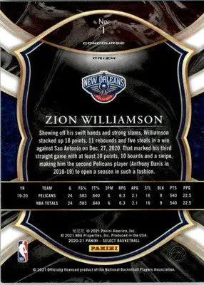 Zion Williamson - 2020-21 Panini Select - #1 - Blue Prizms Basketball - Basketball Card Single