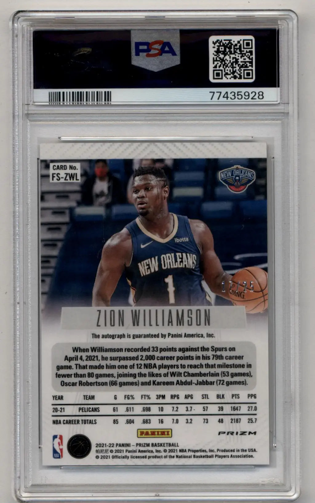Zion Williamson 2021-22 Prizm Flashback Signature Mojo Auto 17/25 PSA 10 Gem Mint Auto 10 - Basketball Card Single
