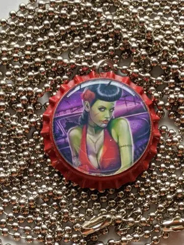 Zombie Pin-up girl Hot Rod style bottle-cap pendant necklace - General Merchandise