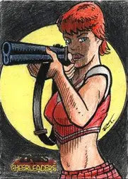 Red-haired woman aiming a double-barreled shotgun on Zombies vs Cheerleaders comic book sketch card by Robin Thompson
