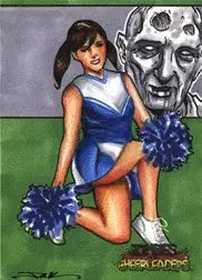 Jim Kyle sketch card of young female cheerleader with blue pom-poms in Zombies vs Cheerleaders series