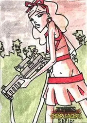 Blonde woman in pink dress with rifle and tiny man in scope on Spencer Platt sketch card