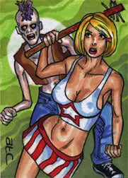 Zombie and cheerleader fighting with axe sketch card by Adam Cleveland from Zombies vs Cheerleaders Platinum 5finity 2011