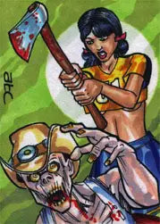 Sketch card by Adam Cleveland featuring cheerleaders platinum and a woman with bloody axe fighting a zombie