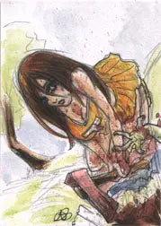 Distressed bloodied woman in ripped outfit from Zombies vs Cheerleaders Platinum 5finity sketch card