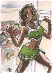 Female cheerleader in green and white uniform on Zombies vs Cheerleaders Platinum 5finity sketch card