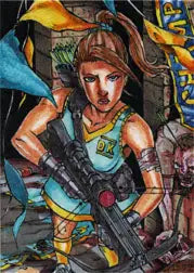 A determined female archer with a crossbow on Zombies vs Cheerleaders Platinum 5finity sketch card by Danny Kuang