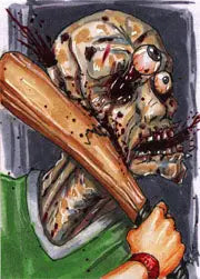 Sturdy wooden baseball bat on Zombies vs Cheerleaders Platinum 5finity sketch card by David Harrigan