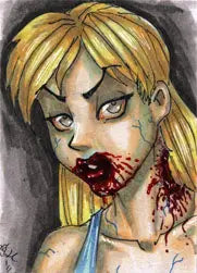 Blood-splattered blonde zombie girl with cracked skin from David Harrigan’s Cheerleaders Platinum 5finity sketch card