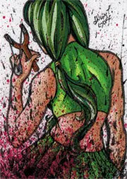 Nicole Goff Zombies vs Cheerleaders Platinum 5finity sketch card featuring a green-haired woman with a slingshot
