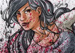 Fierce grey-haired woman with blood spatter on cheerleaders platinum 5finity sketch card by Nicole Goff