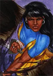 Rhiannon Owens cheerleaders platinum 5finity sketch card featuring a determined woman with a sword