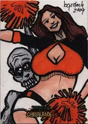 Vibrant Zombies vs Cheerleaders Sketch Card by Bruce Gerlach featuring a cheerleader and zombie