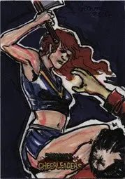 Dark cheerleaders sketch card by Gerard Conte featuring a fierce female with an axe