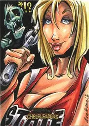 Blonde cheerleader sketch card by Michael Axebone Potter with surprised green zombie background