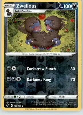 Zweilous - Darkness Ablaze - 109/189 - Reverse Holo LP Pokemon - Pokémon Card Single