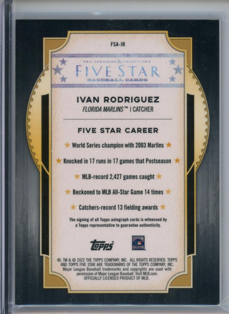2022 Topps Five Star #FSA-IR Ivan Rodriguez NM-MT Auto Florida Marlins Baseball Card Image 2