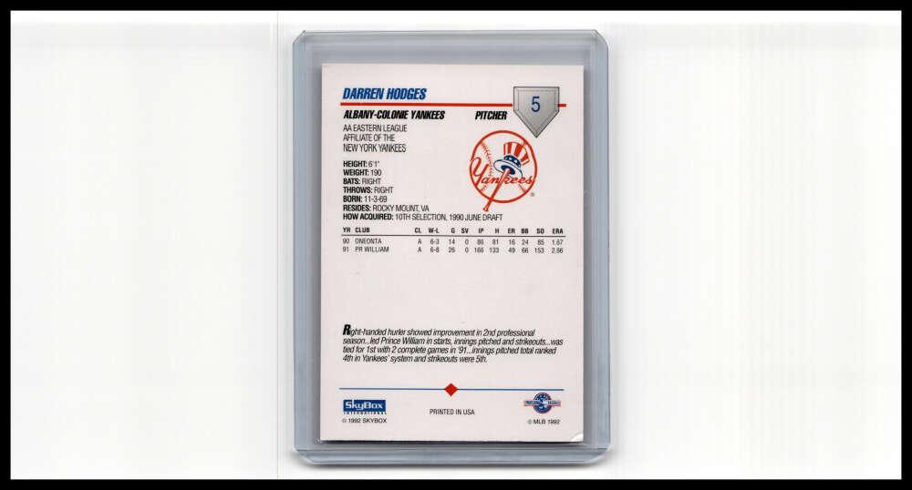 1992 Skybox AA #5 Darren Hodges Albany-Colonie Yankees NM-MT Baseball Card Image 2