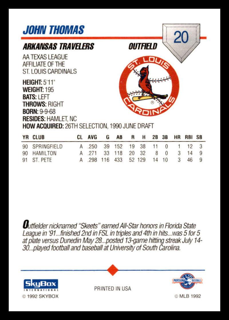 1992 Skybox AA #20 John Thomas Arkansas Travelers NM-MT Baseball Card Image 2