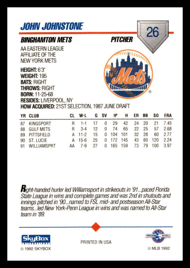 1992 Skybox AA #26 John Johnstone Binghamton Mets NM-MT Baseball Card Image 2