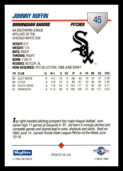 1992 Skybox AA #45 Johnny Ruffin Birmingham Barons NM-MT Baseball Card Image 2